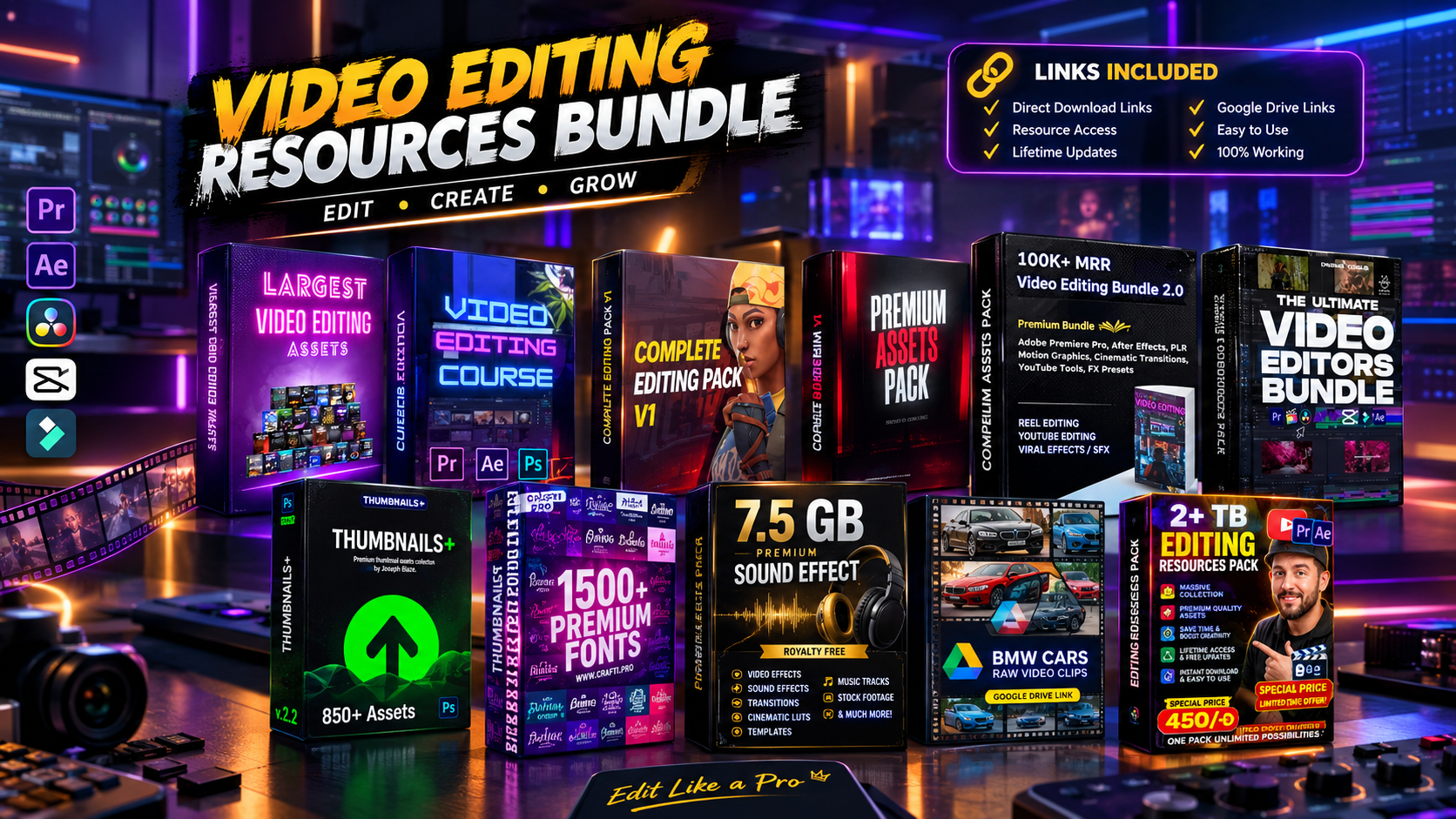 Preview of the packs inside the Desk Storys editing bundle